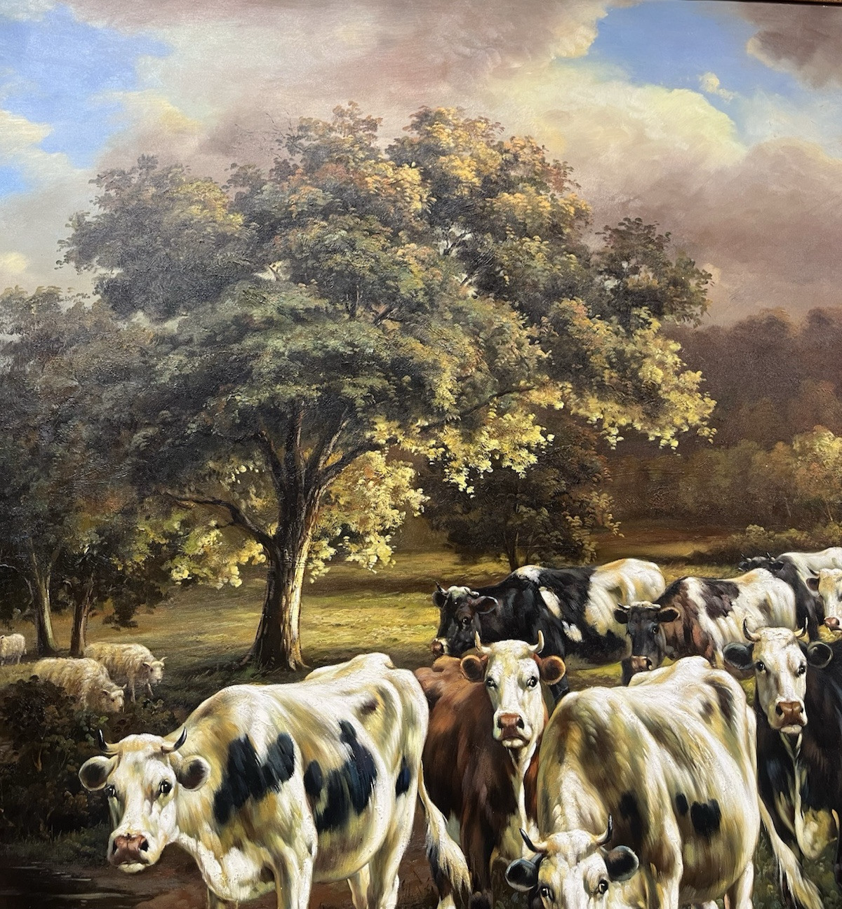 Large Agricultural Pastoral Cows Grazing Oil On Canvas Painting 58" x 70" CL6
