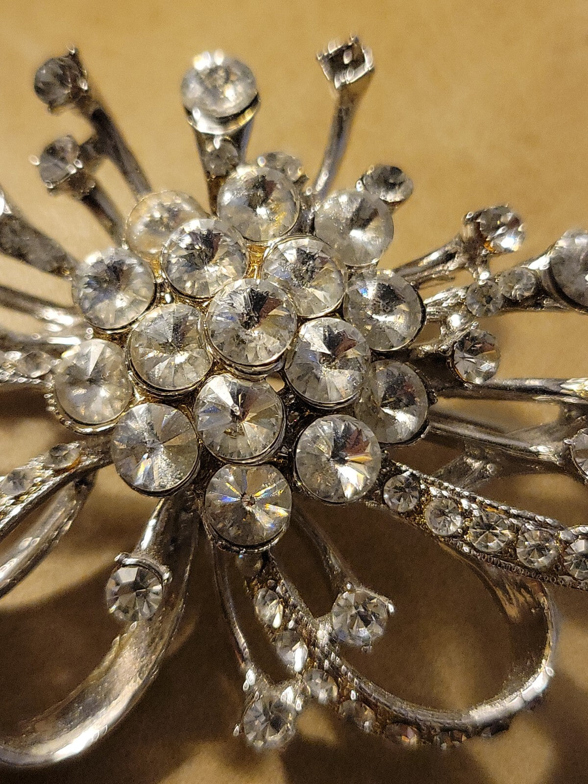 VINTAGE J.H.S. JHS Clear Rhinestones Crystals Pin Brooch Signed 3" x 2"