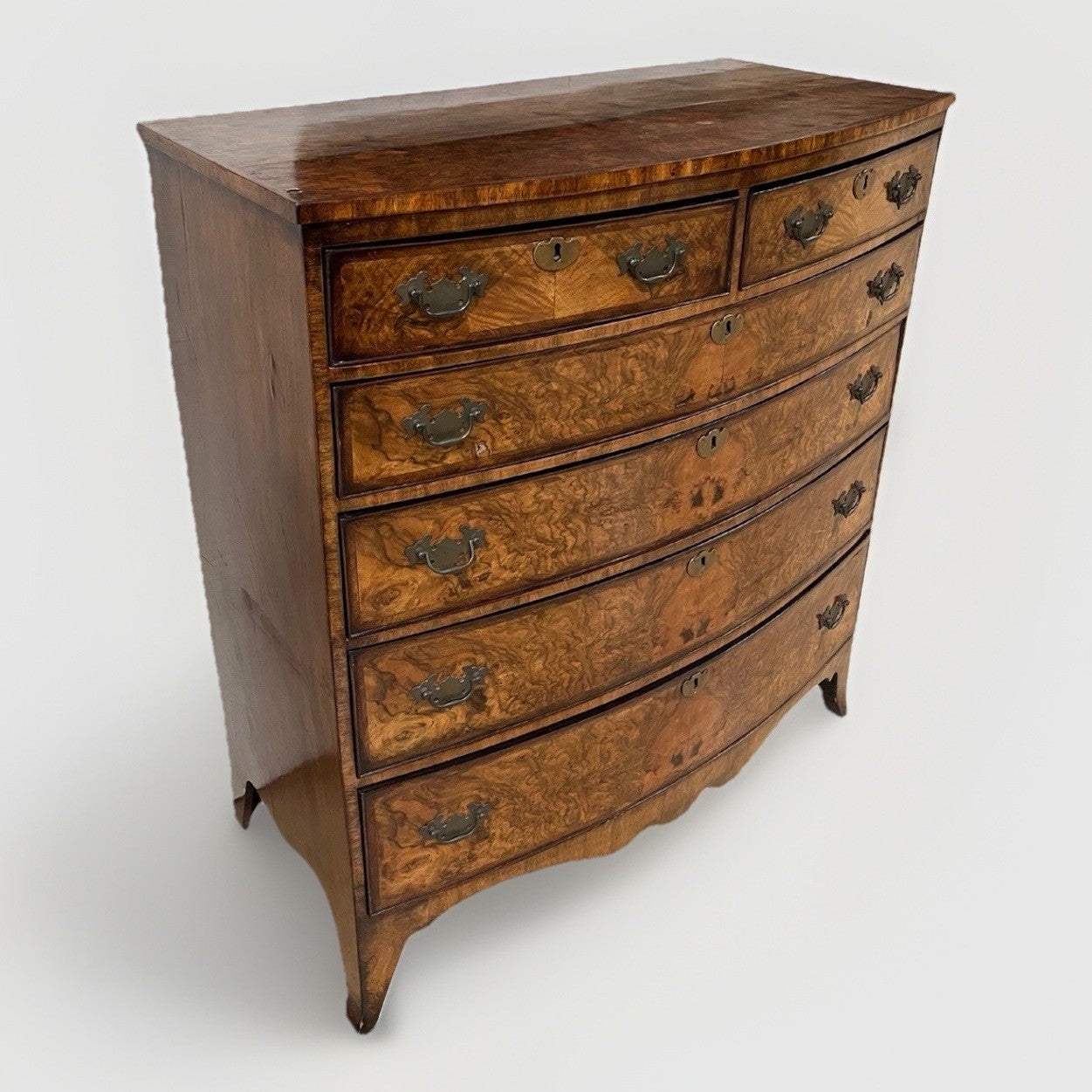 PERIOD ENGLISH REGENCY BURLED WALNUT BOW FRONT TALL CHEST OF DRAWERS