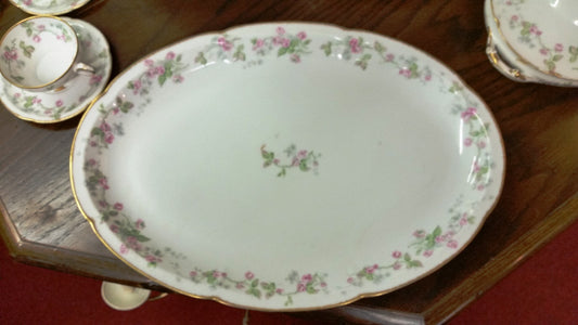 T Haviland 18" Oval Platter 1903 Pink Roses/Green Leaves/Sm Gray Flowers S161V