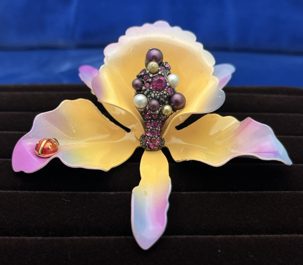 JOAN RIVERS Orchid Brooch Enamel Purple & Peach Flower Lady bug Pin Rhinestones