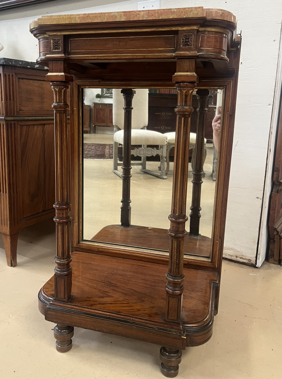 LOUIS XVI STYLE MARBLE-TOP MIRRORED ENTRYWAY PIER CONSOLE END TABLE
