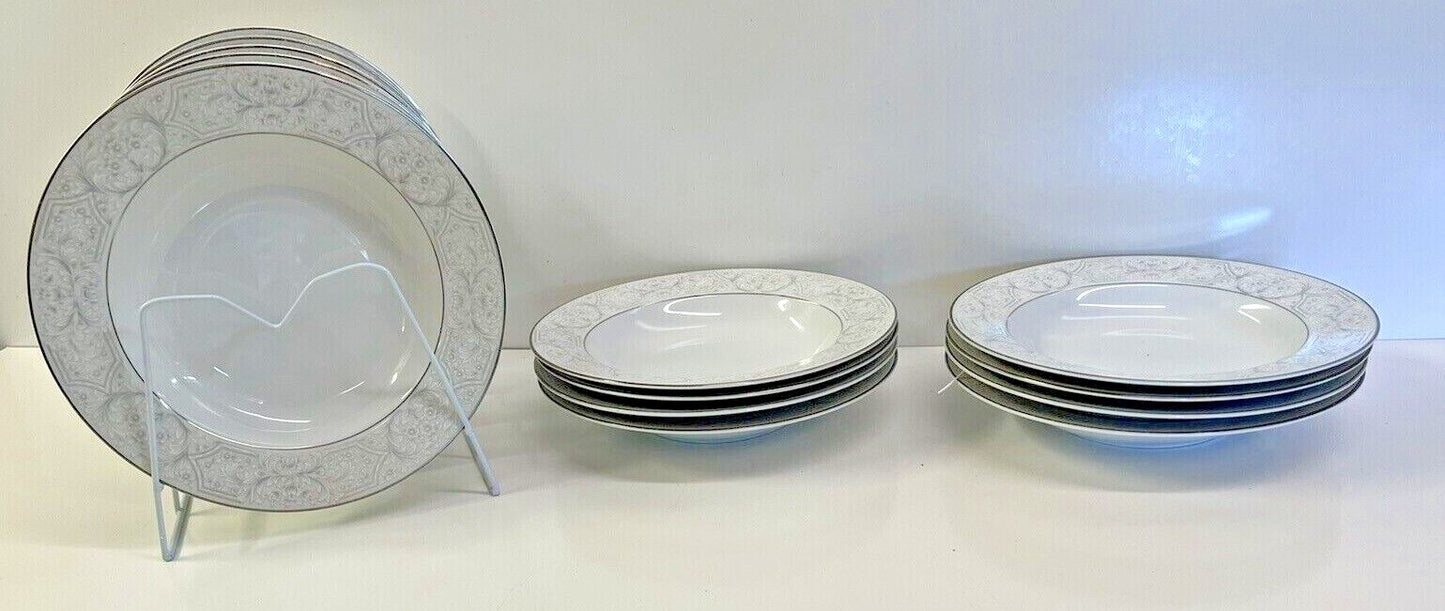 12 Sango Lisbon 3790 Rim Soup Bowls 8 1/2" Made in Japan white & gray floral
