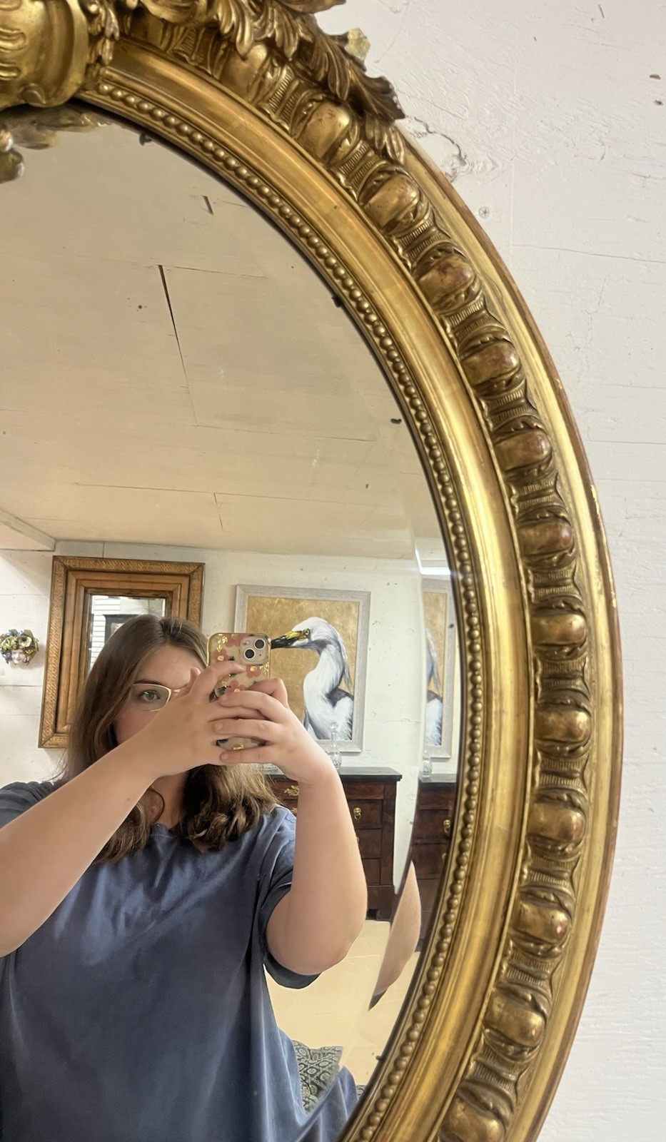 LARGE LOUIS XVI GOLD GILTWOOD OVAL WALL HANGING MIRROR, 55"H