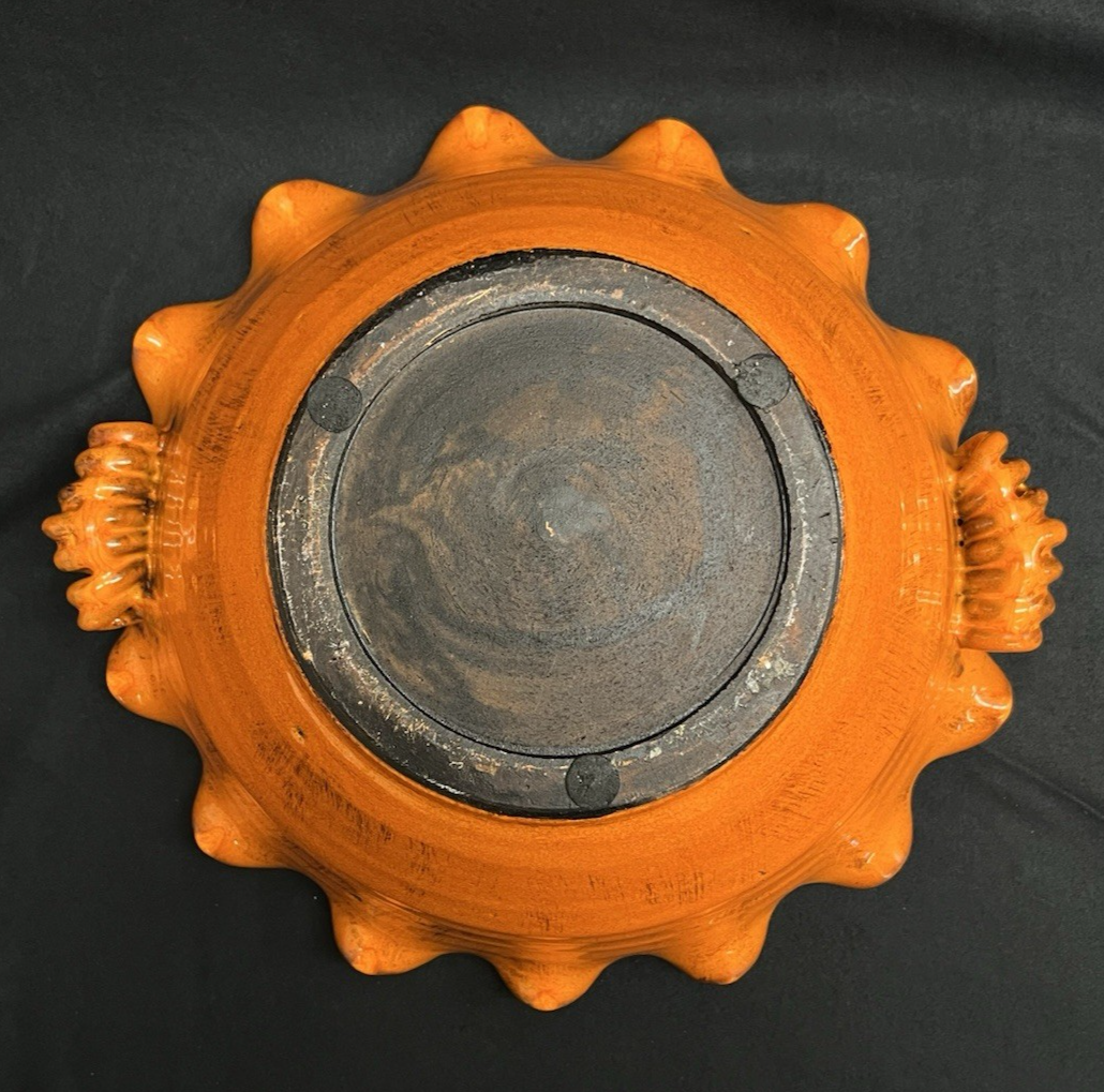 Large Stoneware Orange Glazed Ruffled Bowl w/ Handles 14.5"