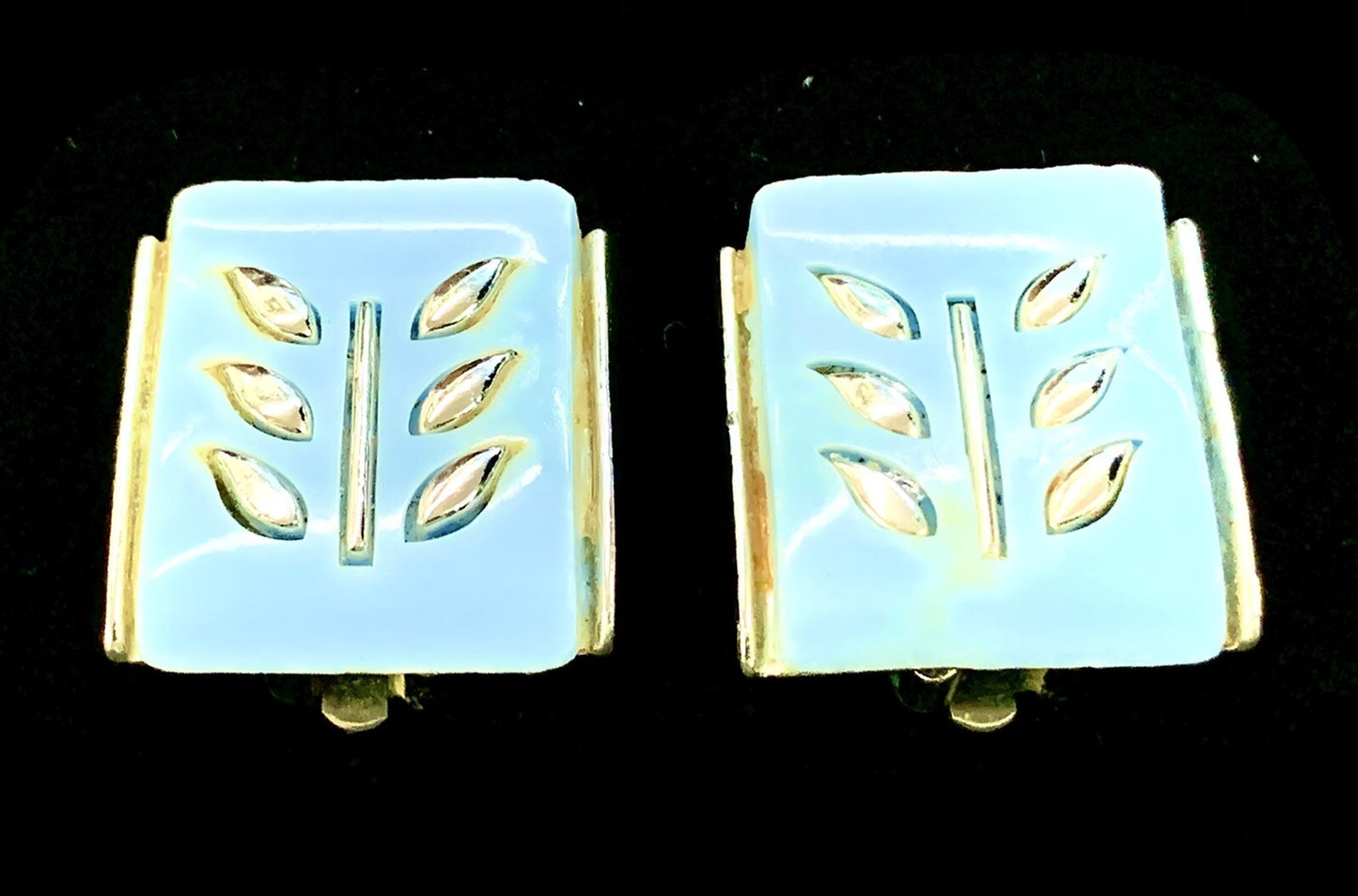 Rare Vtg Retro Signed Coro Blue Thermoset Silver Spikelet Clip Earrings MCM