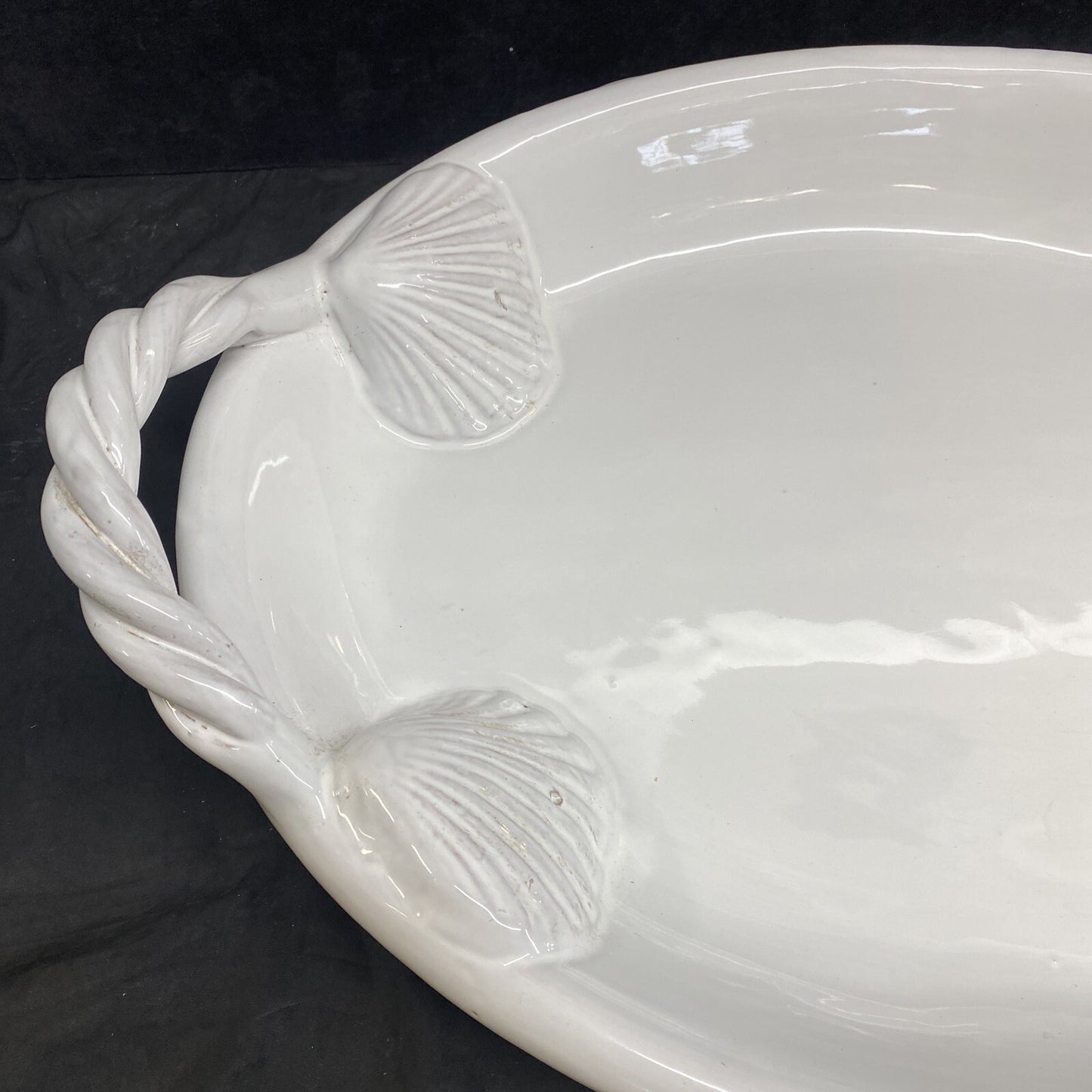 Large White Unmarked Seashell Rope Handle Serving Platter 57/60 Italy
