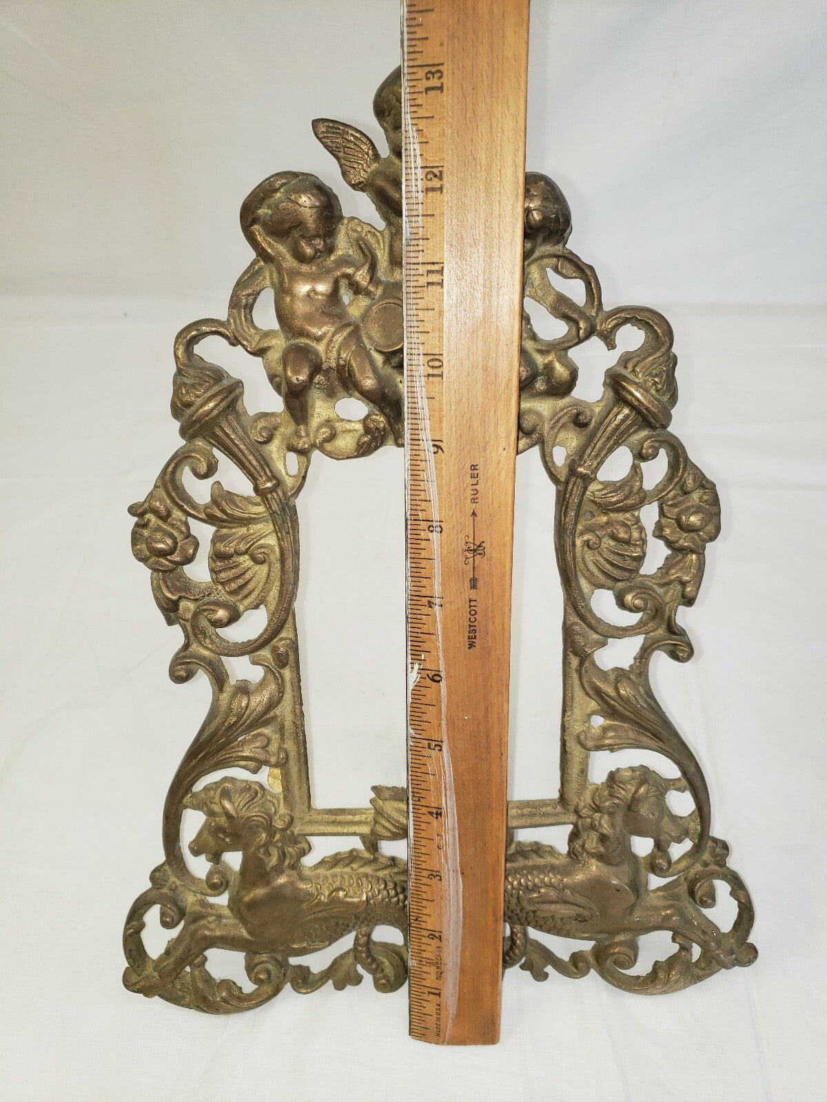 Antique Gilt Cast Iron Picture Frame  Cherubs Sea Horses Tabletop w Leg H 13"