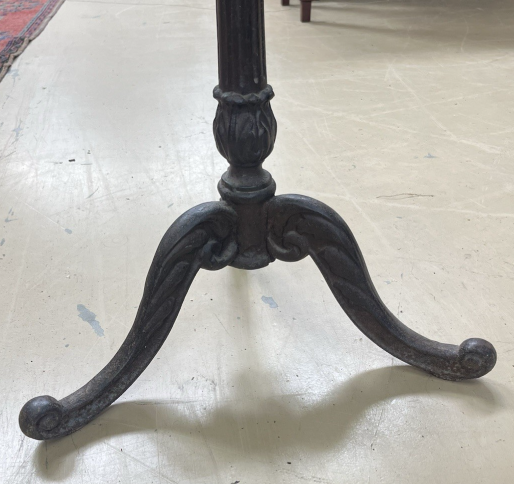 ANTIQUE FRENCH CAST IRON BISTRO/ PUB STYLE PEDESTAL TABLE W/ GLASS TOP
