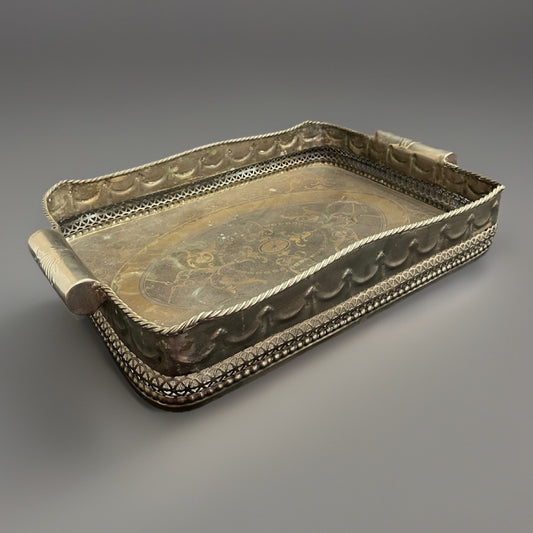 Castilian Imports Vintage Large Solid Brass Heavy Decorated Tray 21"X 16” X 4”
