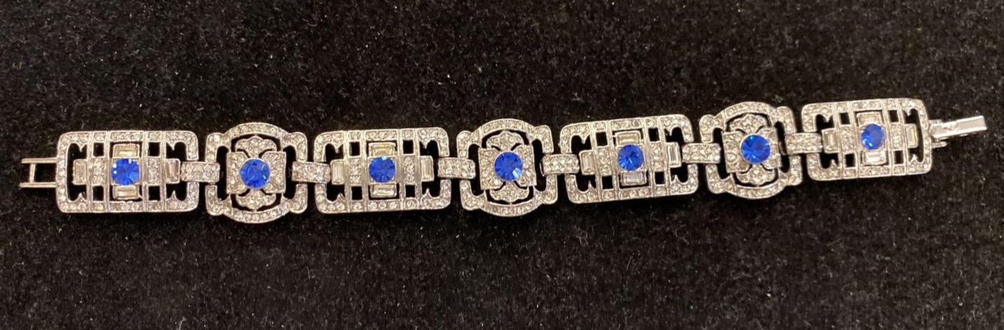 Vintage Rhinestone Link Bracelet 7 1/2" w Blue Stones