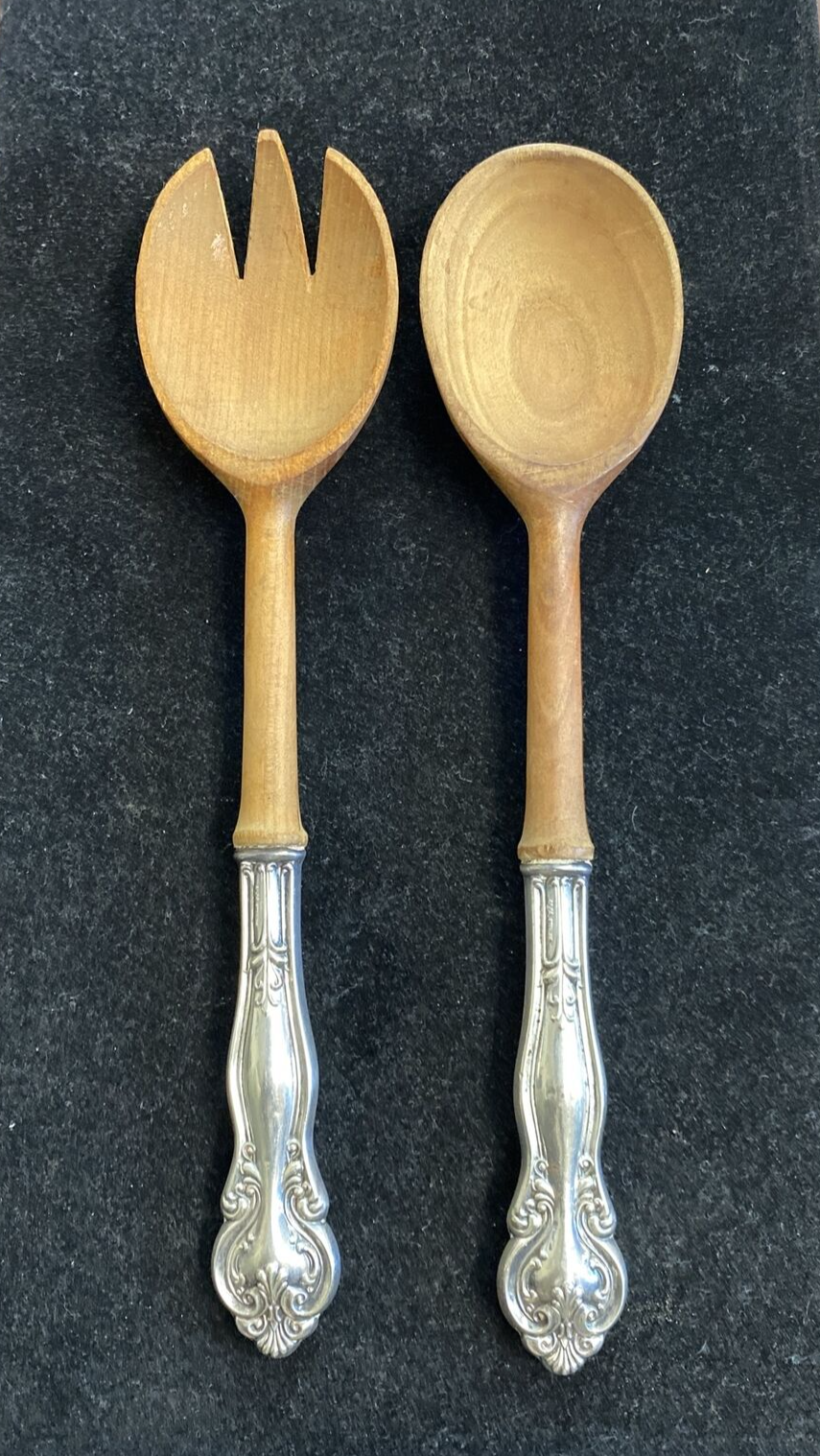 Frank M. Whiting Sterling "Lily" 10 1/4" Wooden Salad Serving Set