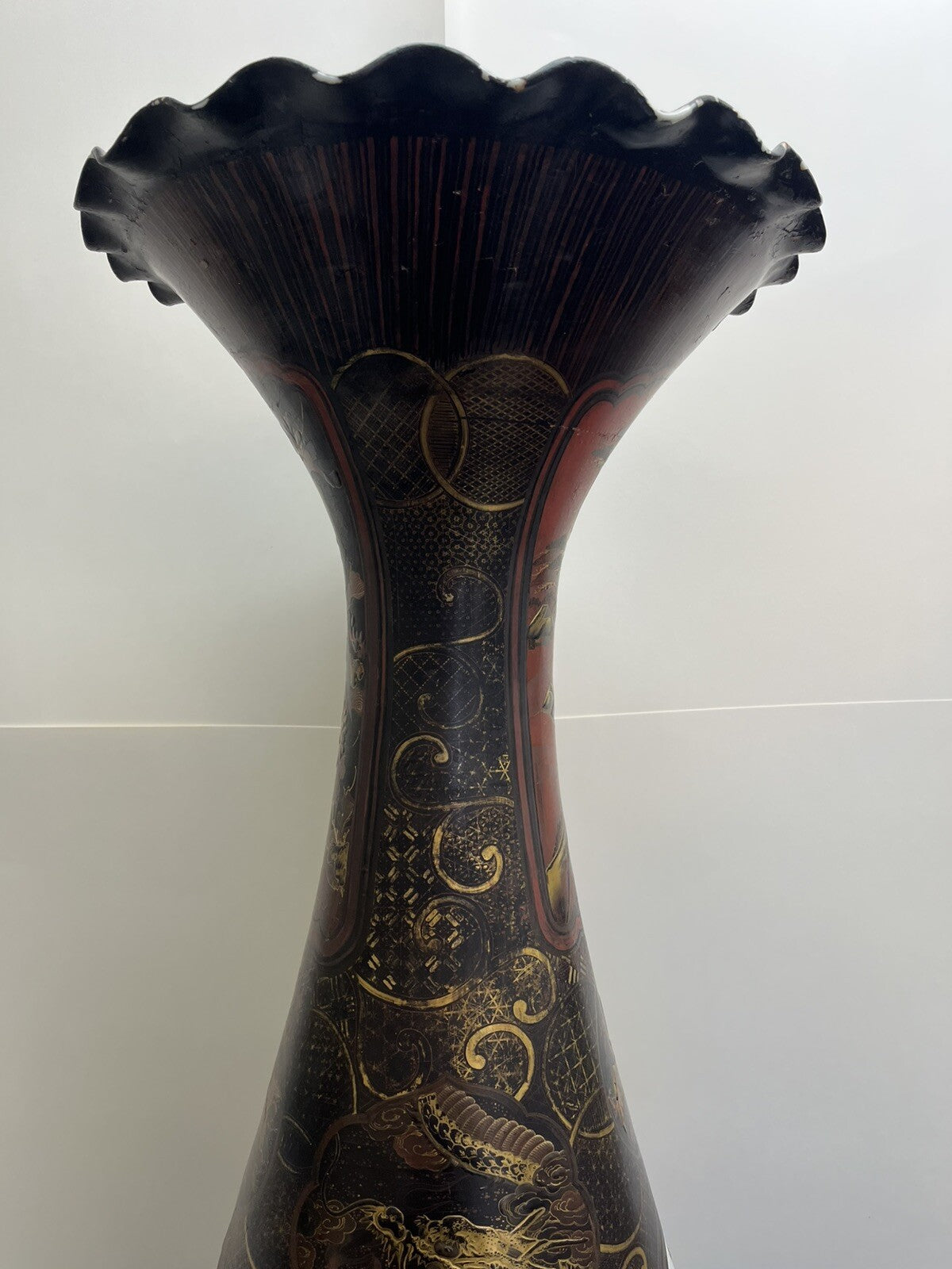 41" IMPRESSIVE MEIJI JAPANESE LACQUER COATED PORCELAIN PALACE VASE  FS1