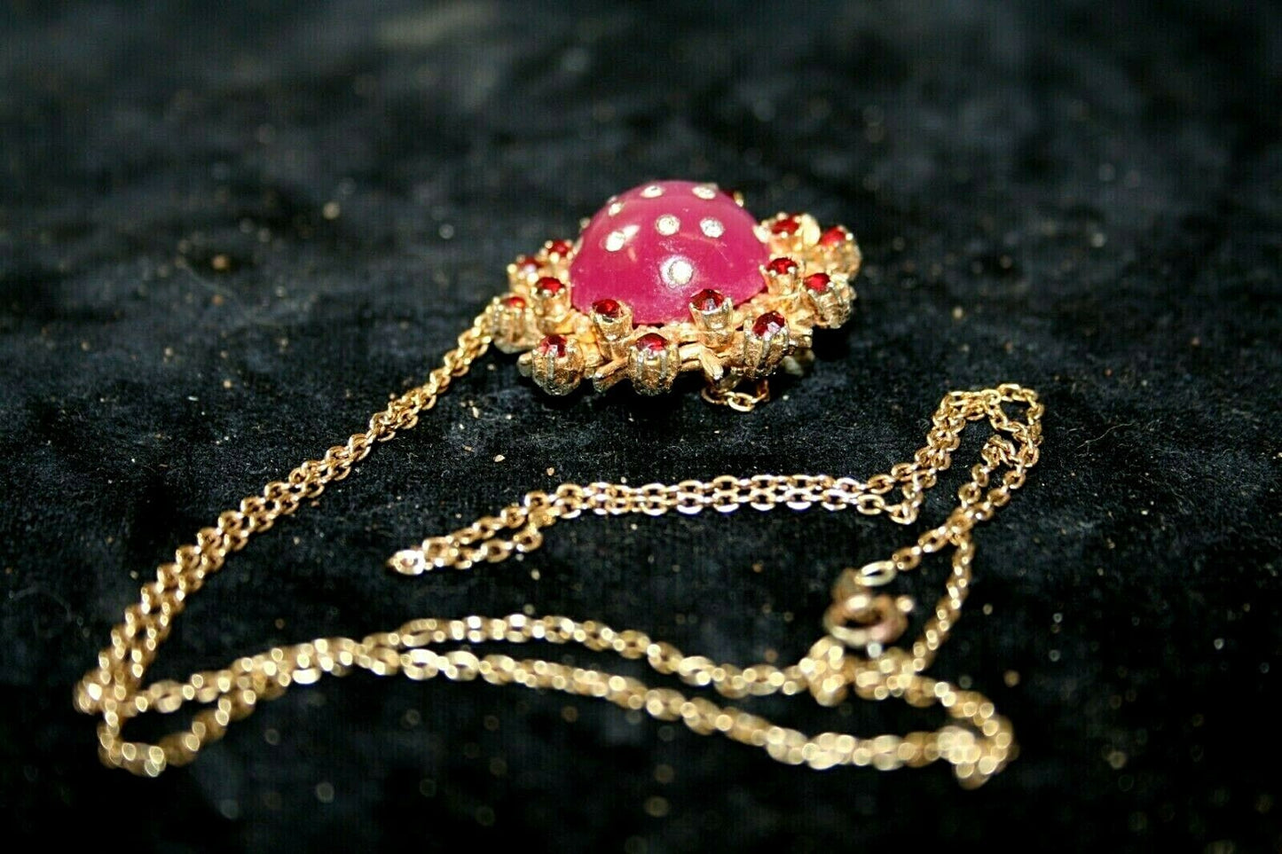 Vtg Celestial Moon and Stars Pendant Faux Amethyst Cabochon w Rhinestones Rubies