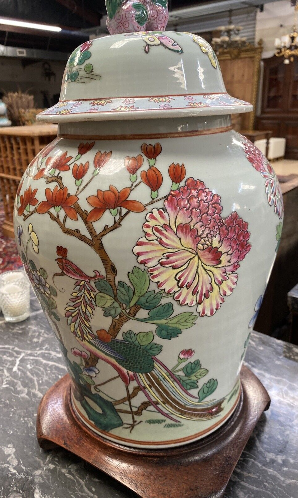Covered Ginger Jar Famille Rose Qing Dynasty 19c Period Vase Foo Dog