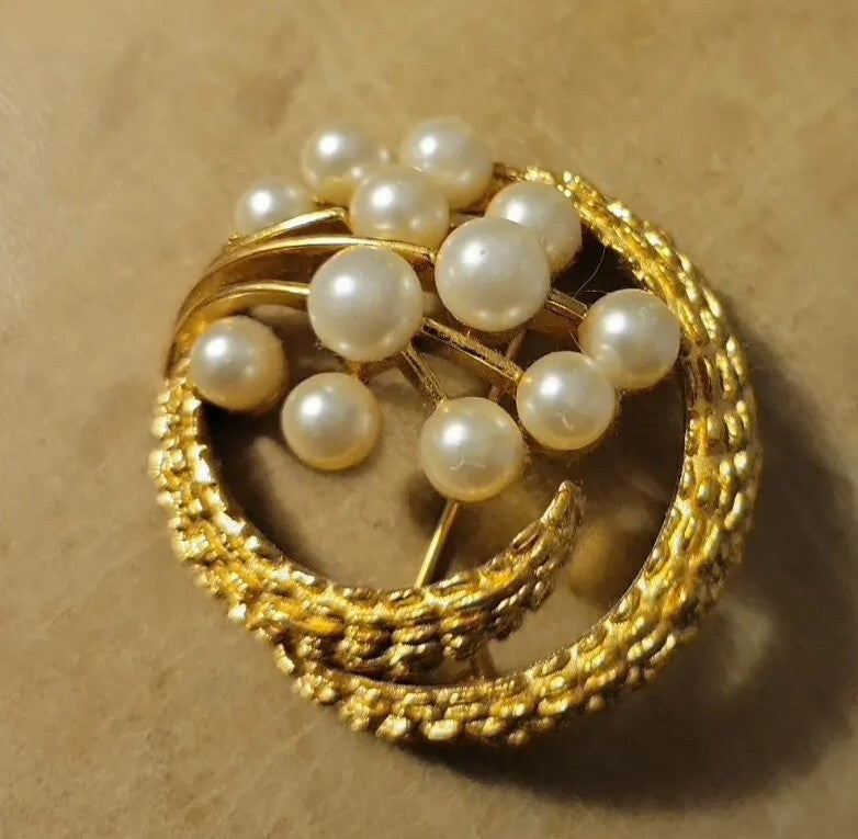 vintage signed  Crown Trifari Brooch. Gold Tone Metal, Faux Pearls 1 3/4" 1950"s