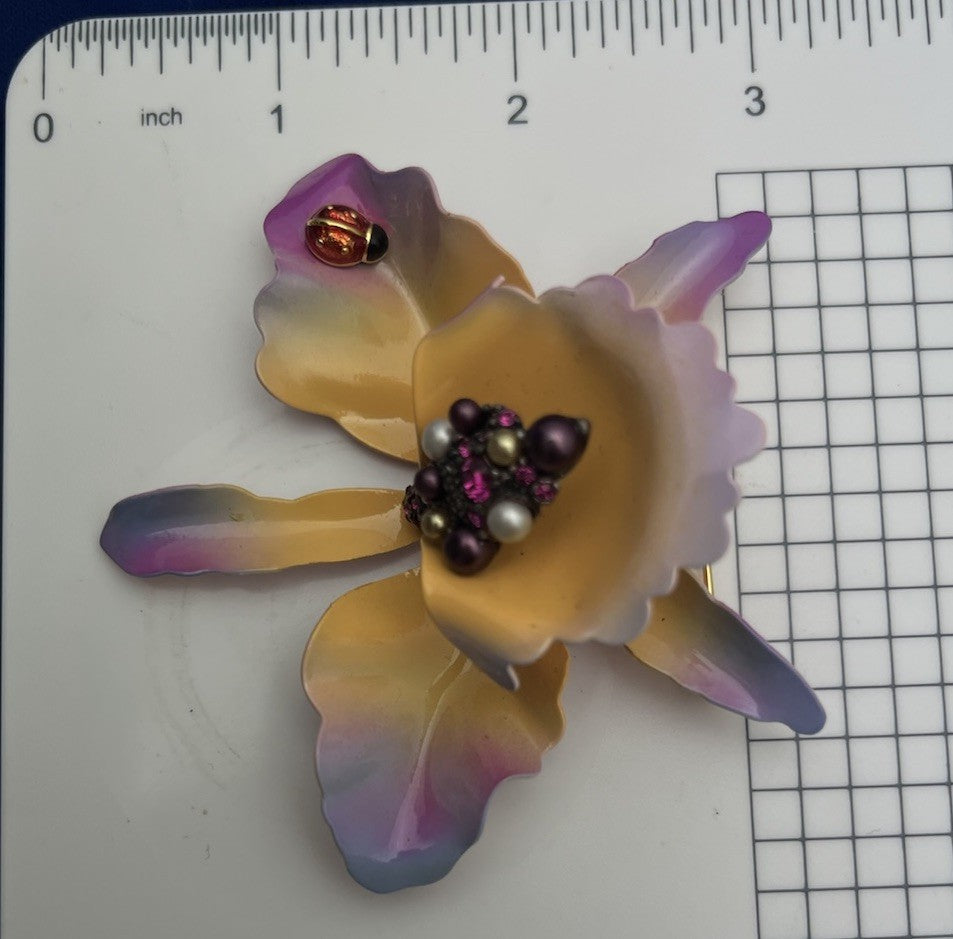 JOAN RIVERS Orchid Brooch Enamel Purple & Peach Flower Lady bug Pin Rhinestones
