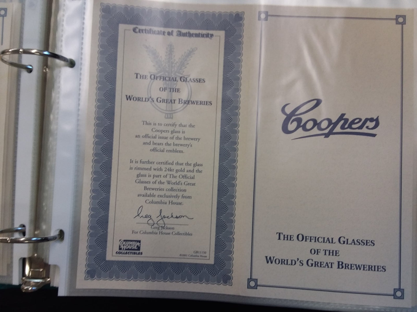 Cooper's Beer Glass - w/certificate from Gold rim 7''