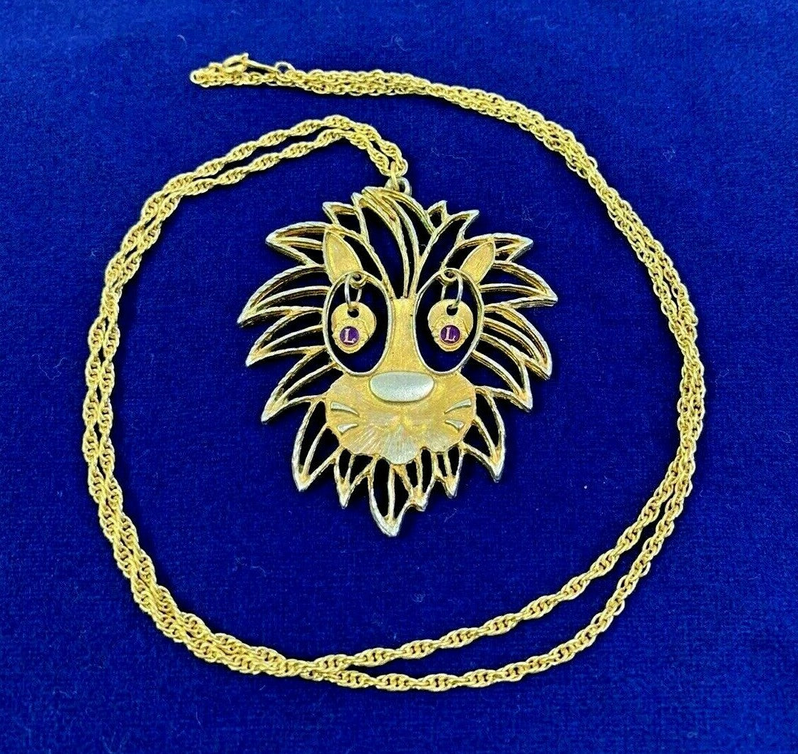 Vintage LION'S CLUB Lion Head LARGE Figural PENDANT Necklace signed HH