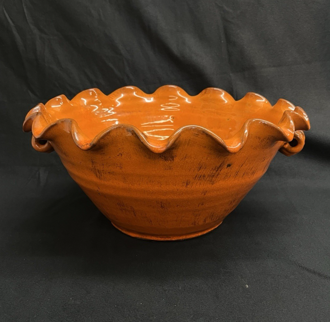 Large Stoneware Orange Glazed Ruffled Bowl w/ Handles 14.5"