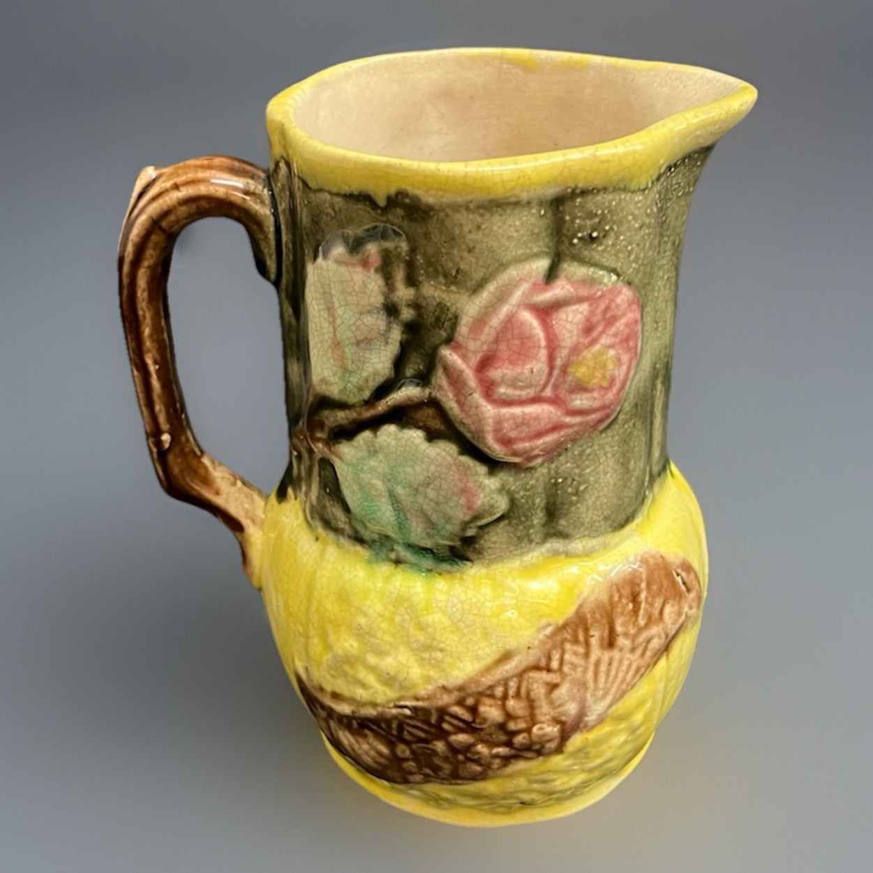 Vintage Majolica Earthenware Wild Rose Small Pitcher  5.5"