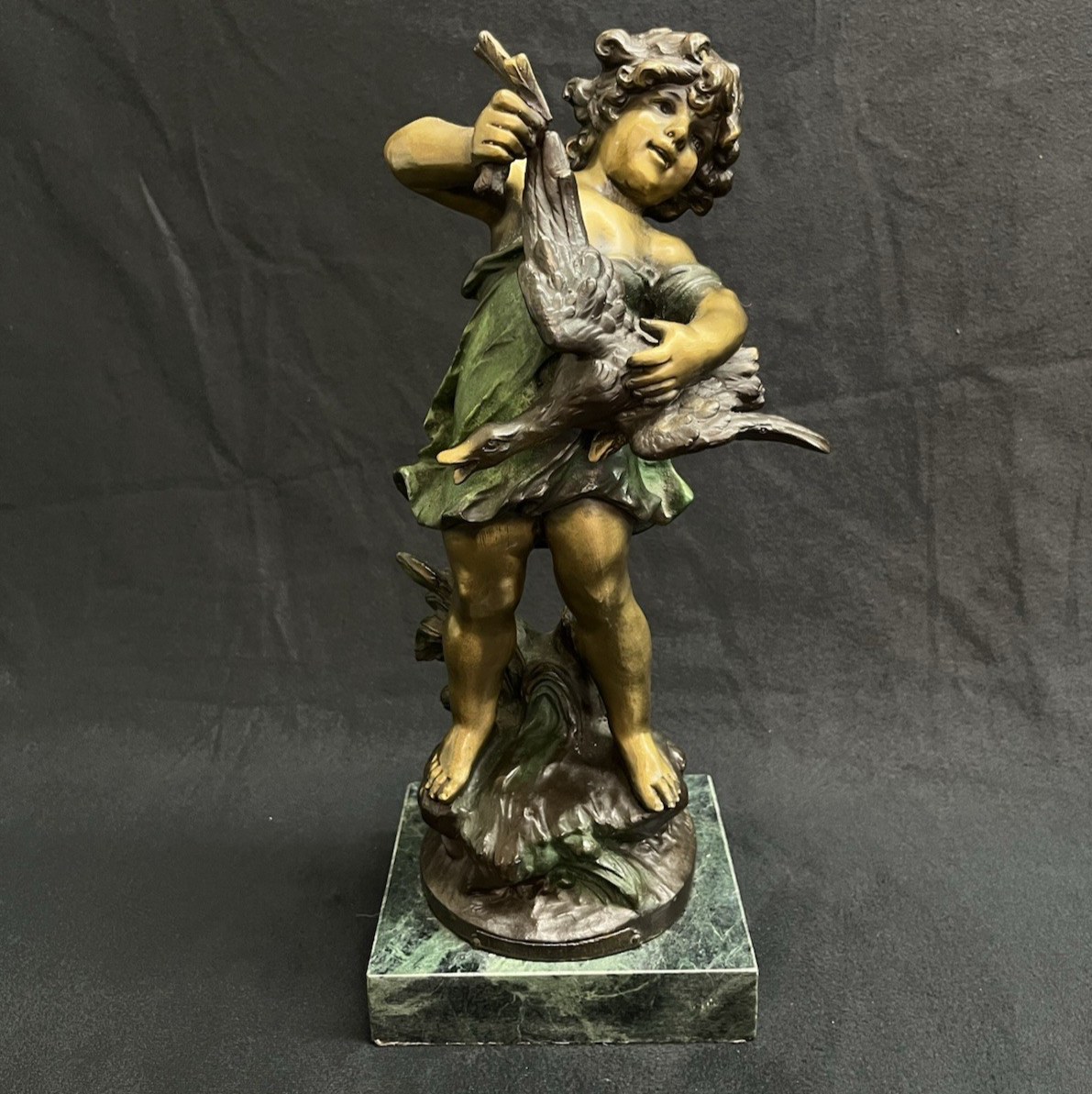Vintage Auguste Moreau Bronze Sculpture on Marble Base Child w/ Goose Copr. 1906