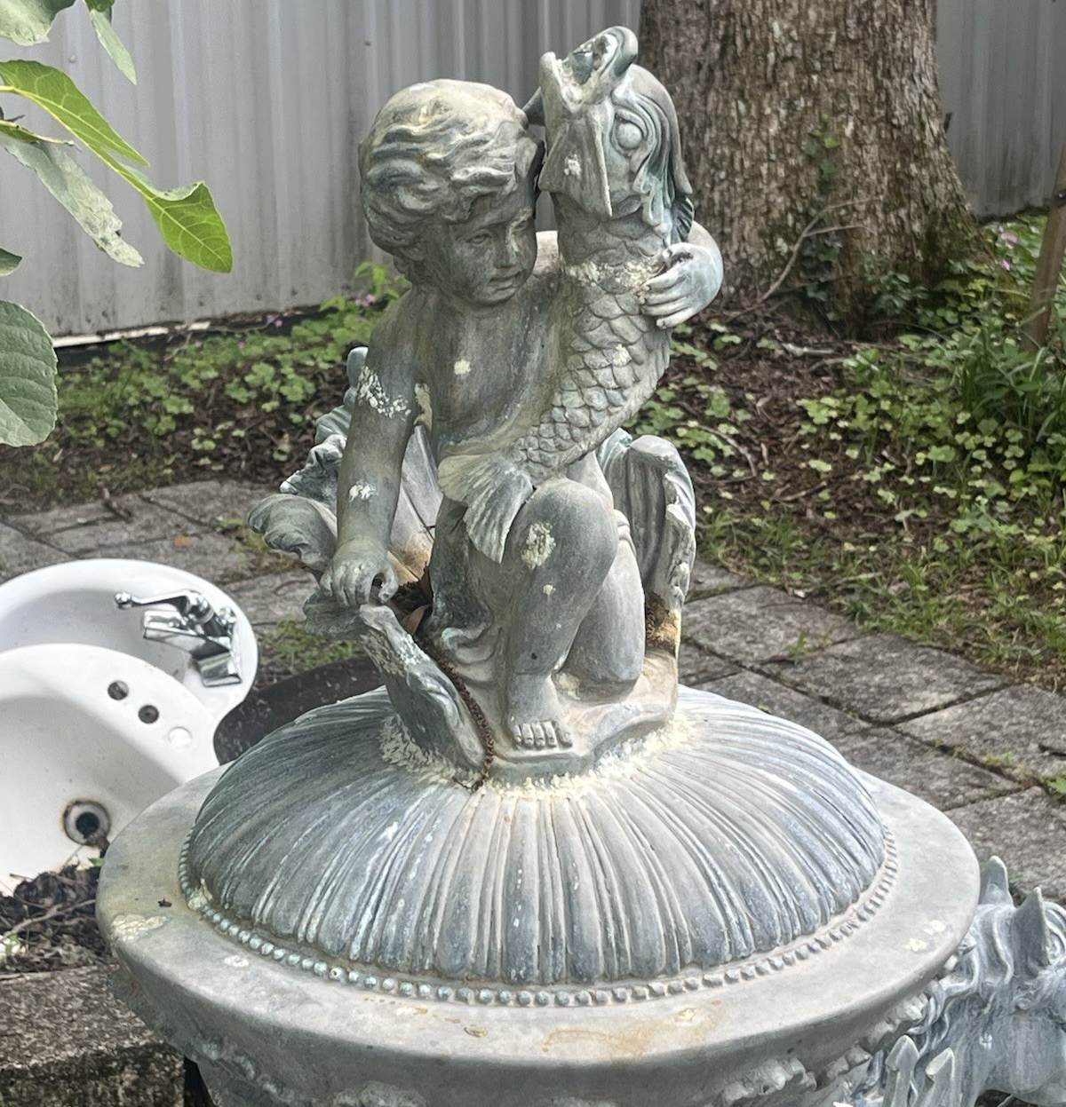 Antique Bronze Ornate Cupids and Horses Water Fountain 57" x 32" NO BASIN PB21