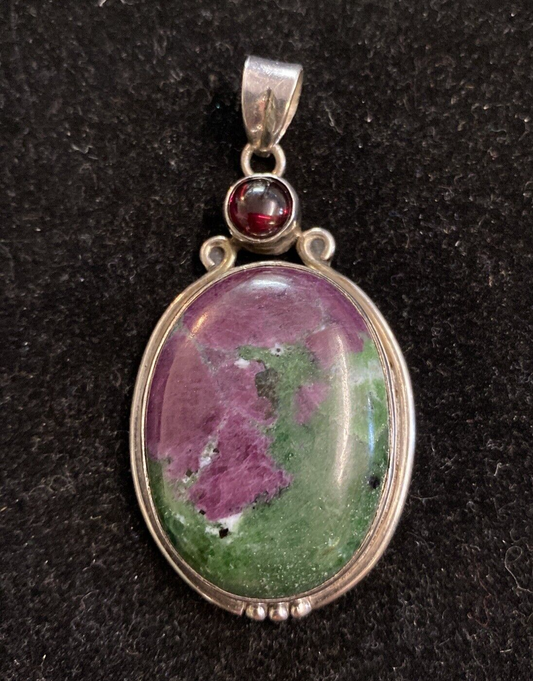 925 Sterling Silver Large Ruby Zoisite & Garnet Gemstone Pendant 20.6g