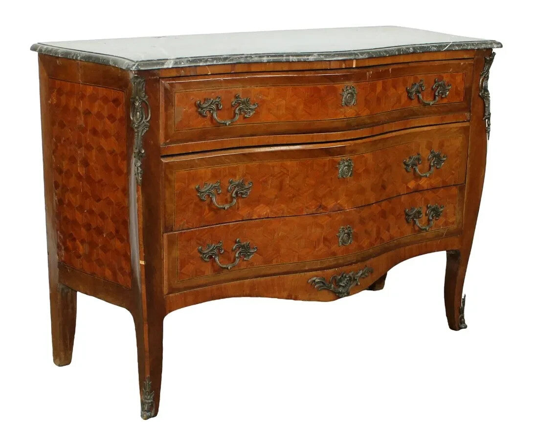 Antique French Louis XV Commode Chest of Drawers Marble Top Marquetry Pattern