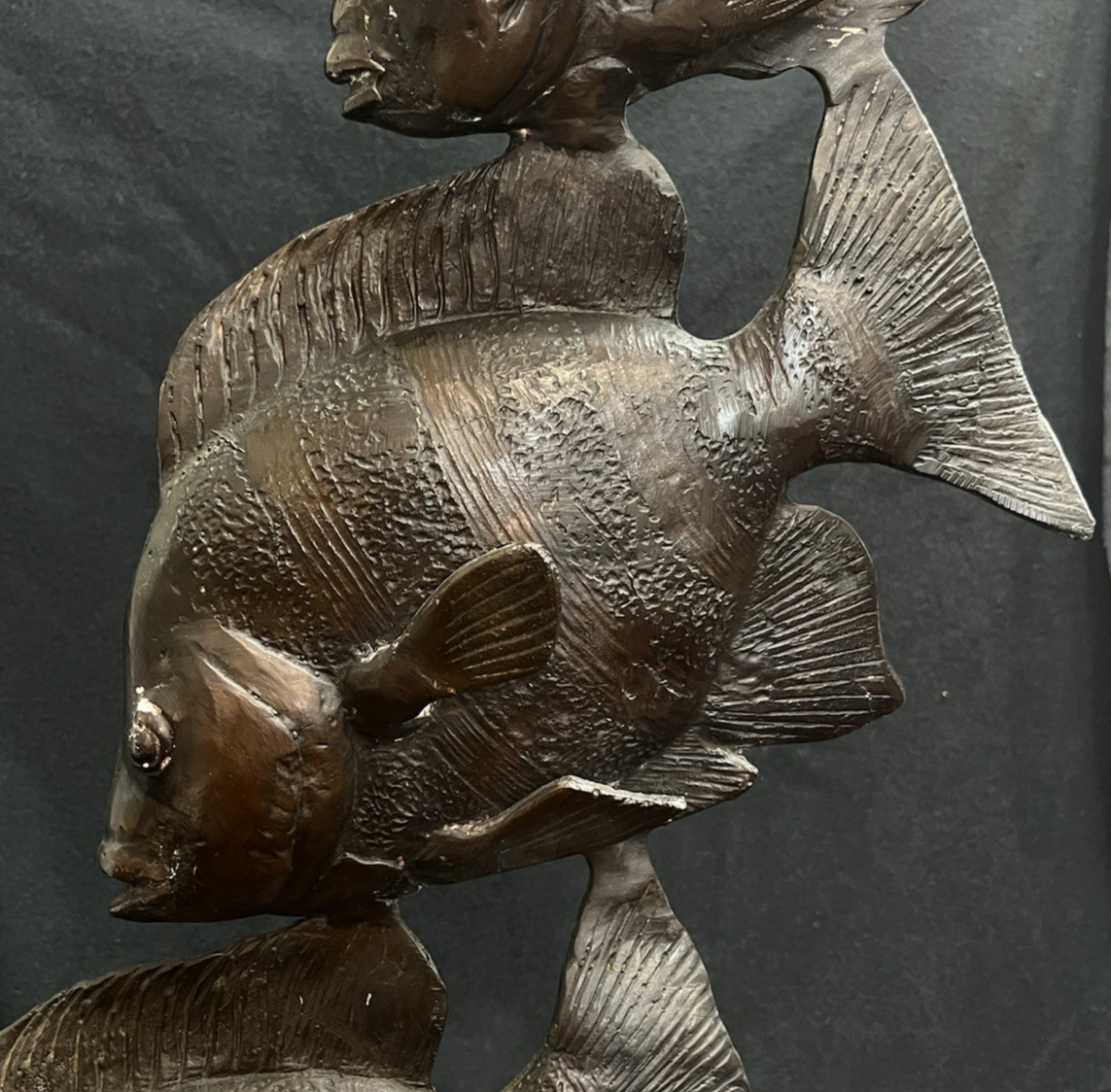 PB14 Bronze Green and Brown Three Angel Fish w/ Seaweed Sculpture/Statue 26.75"