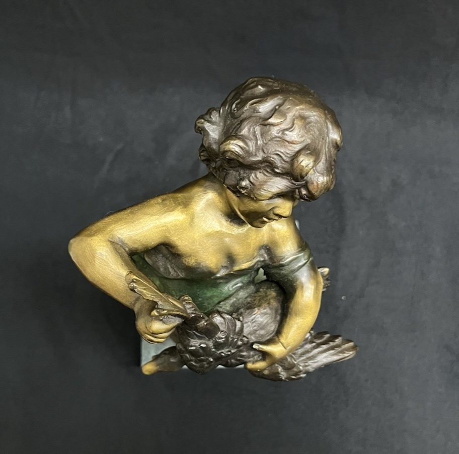 Vintage Auguste Moreau Bronze Sculpture on Marble Base Child w/ Goose Copr. 1906