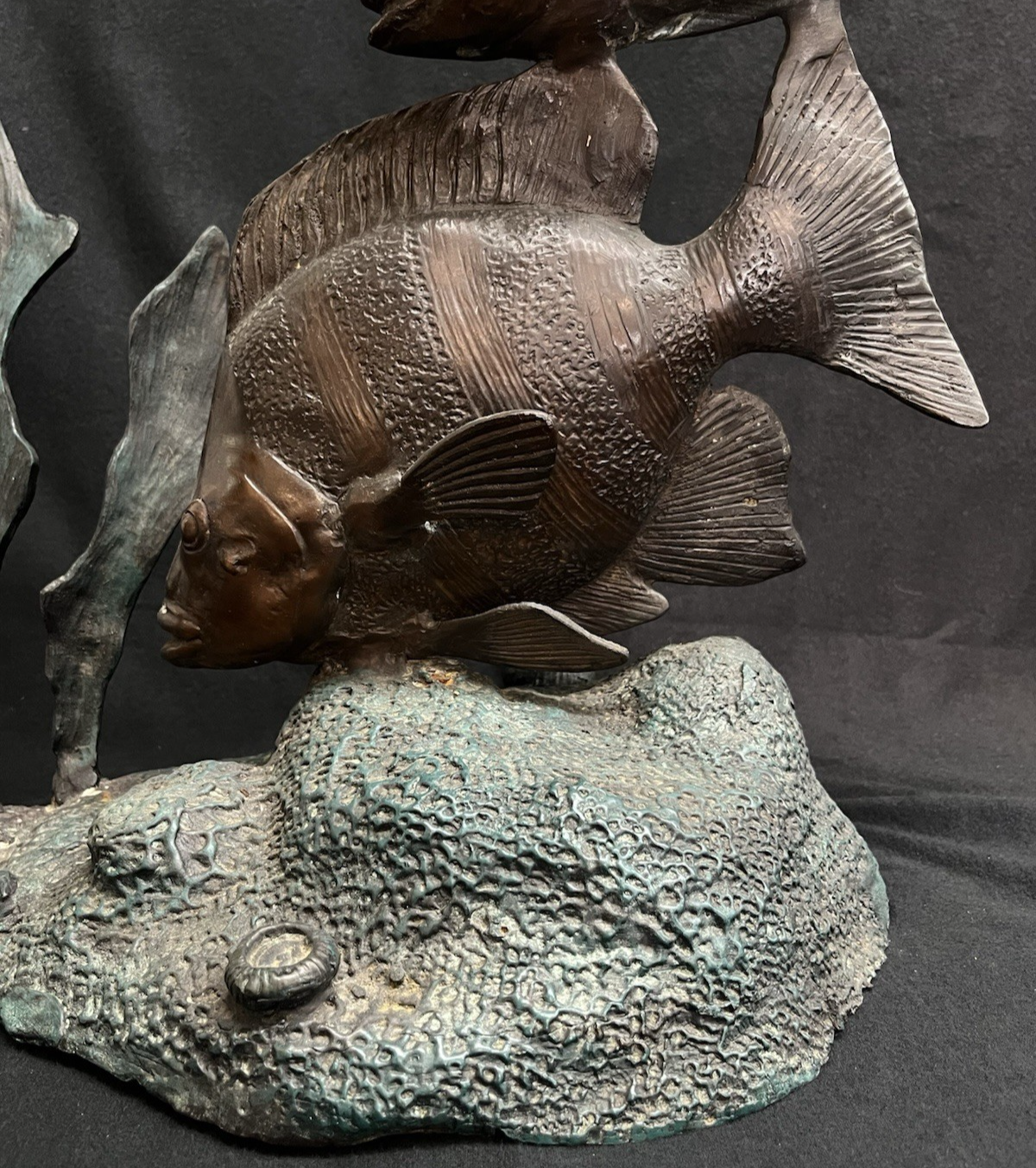 PB14 Bronze Green and Brown Three Angel Fish w/ Seaweed Sculpture/Statue 26.75"