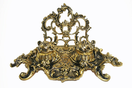 Antique Brass Desk Set 2 Ink Wells w Hinged Lids all works fine  13.5" wide