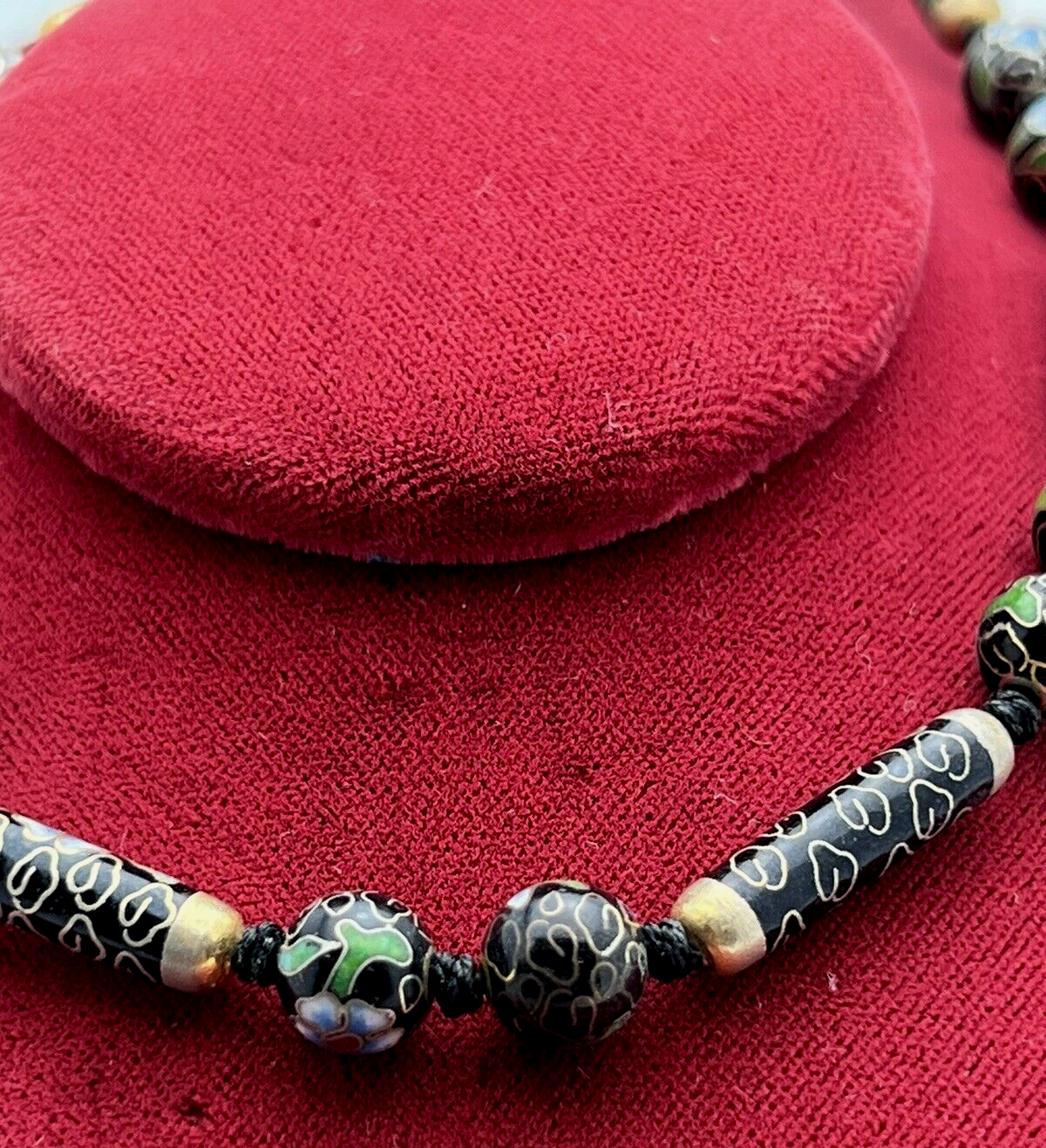 Antique Handmade 30" Cloisonne Necklace Hand Painted Black Enamel Floral Design