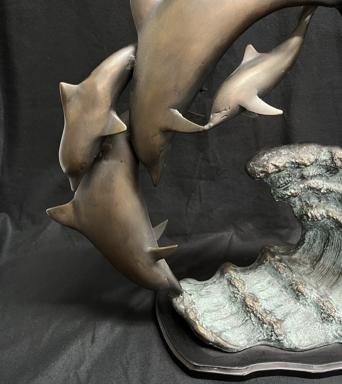 PB6 Bronze School of Dolphins Ocean Scene Statue w/ Wood Base 19"x 23"