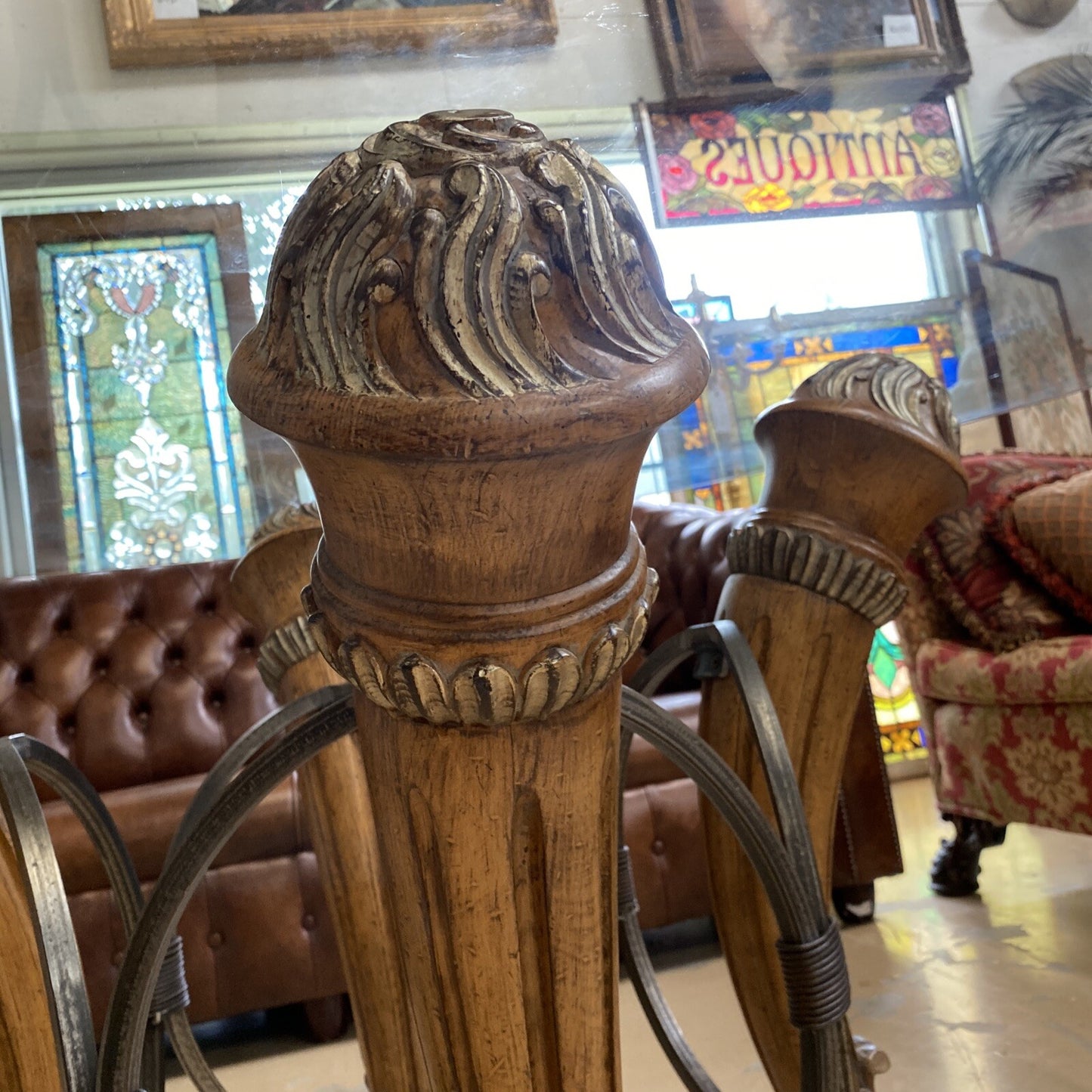 68" Round LARGE CONTEMPORARY GLASS-TOP Dining TABLE 4wood Carved & Iron Supports