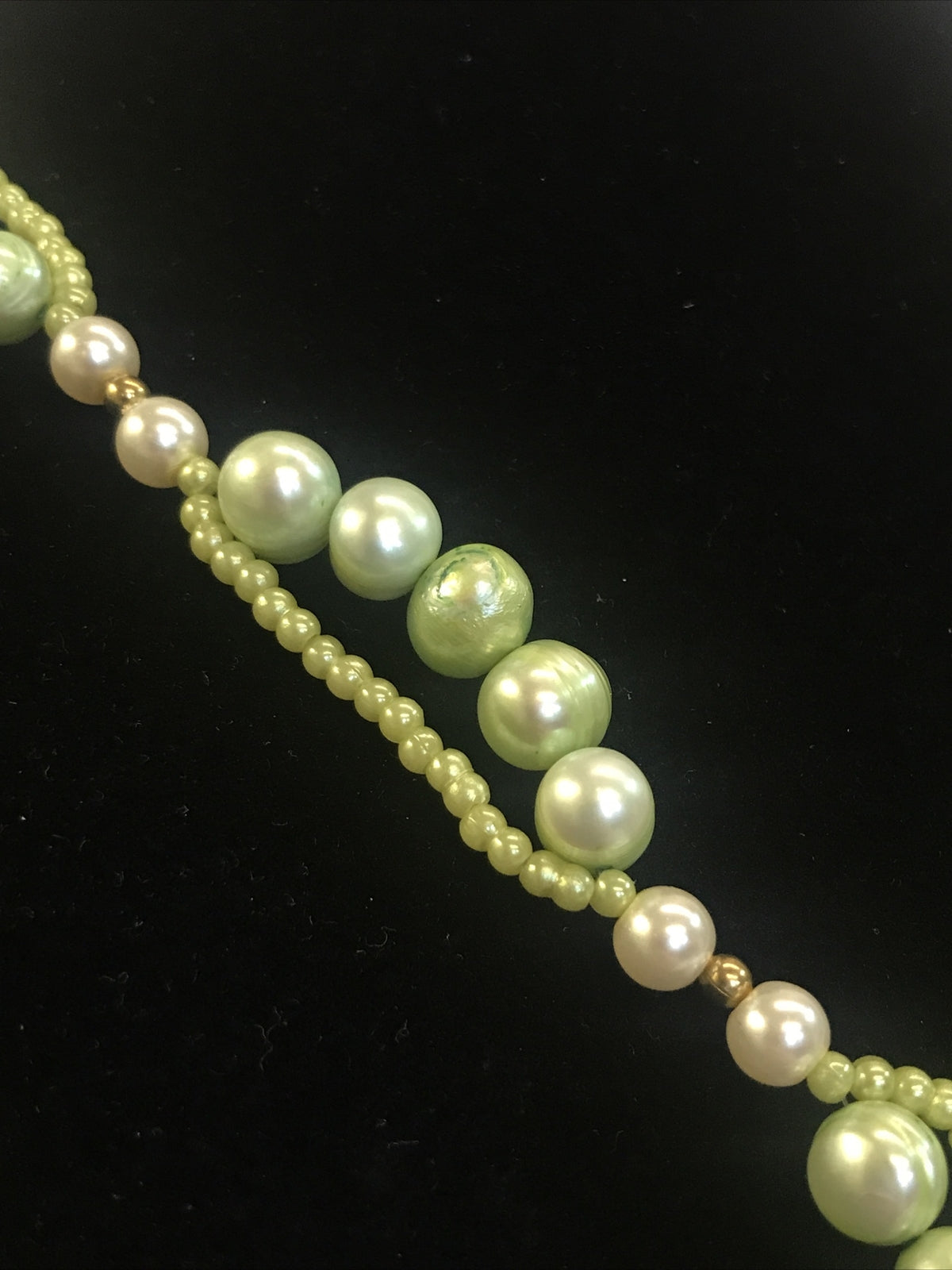 Vintage Genuine Green Freshwater Pearl Necklace with 3 Leaf Enamel Pendant