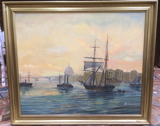 Vtg Oil Painting on Canvas Boats Ships in Harbor Signed Continental  W27" x  23"