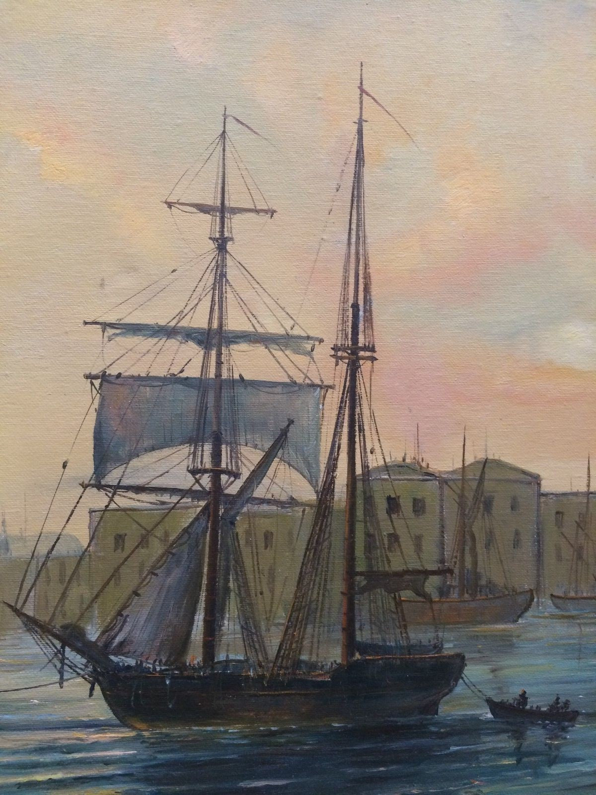 Vtg Oil Painting on Canvas Boats Ships in Harbor Signed Continental  W27" x  23"