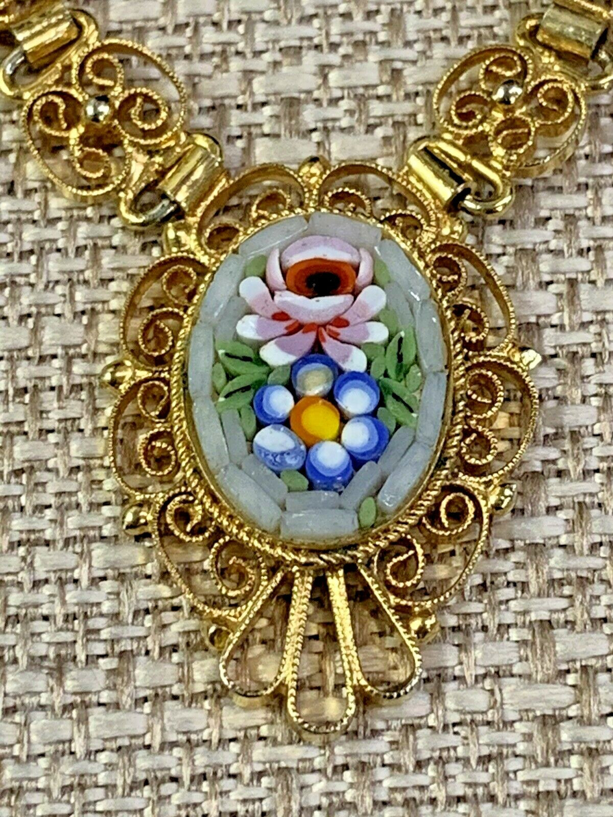 Antique Italian Grand Tour 3 pc Micromosaic & Filigree Pendant Necklace 18"