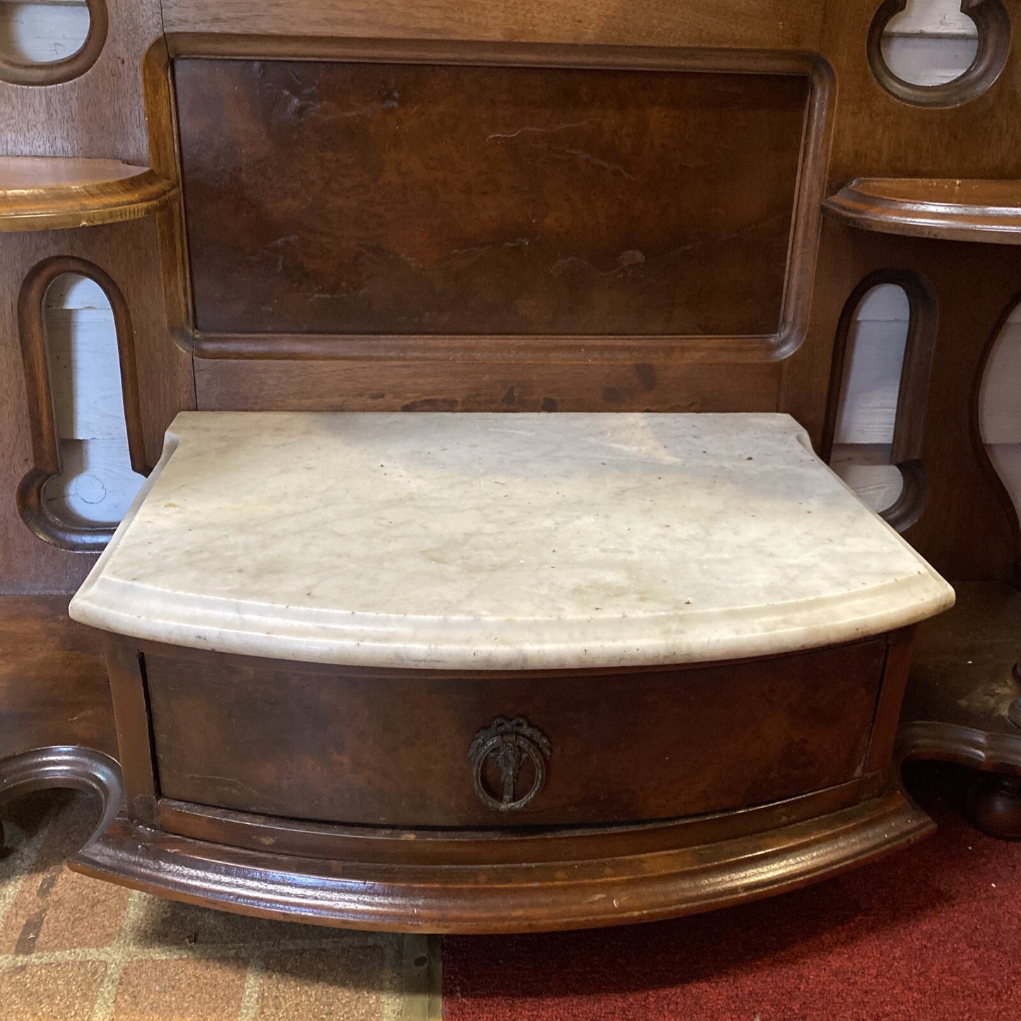 101" Tall Antique American Victorian Walnut Hall Tree Etagere w Mirror & Marble