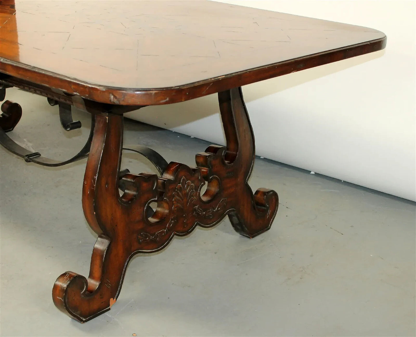 MAITLAND SMITH BAROQUE SPANISH STYLE DINING TABLE W/ INLAY & METAL STRETCHER 90”