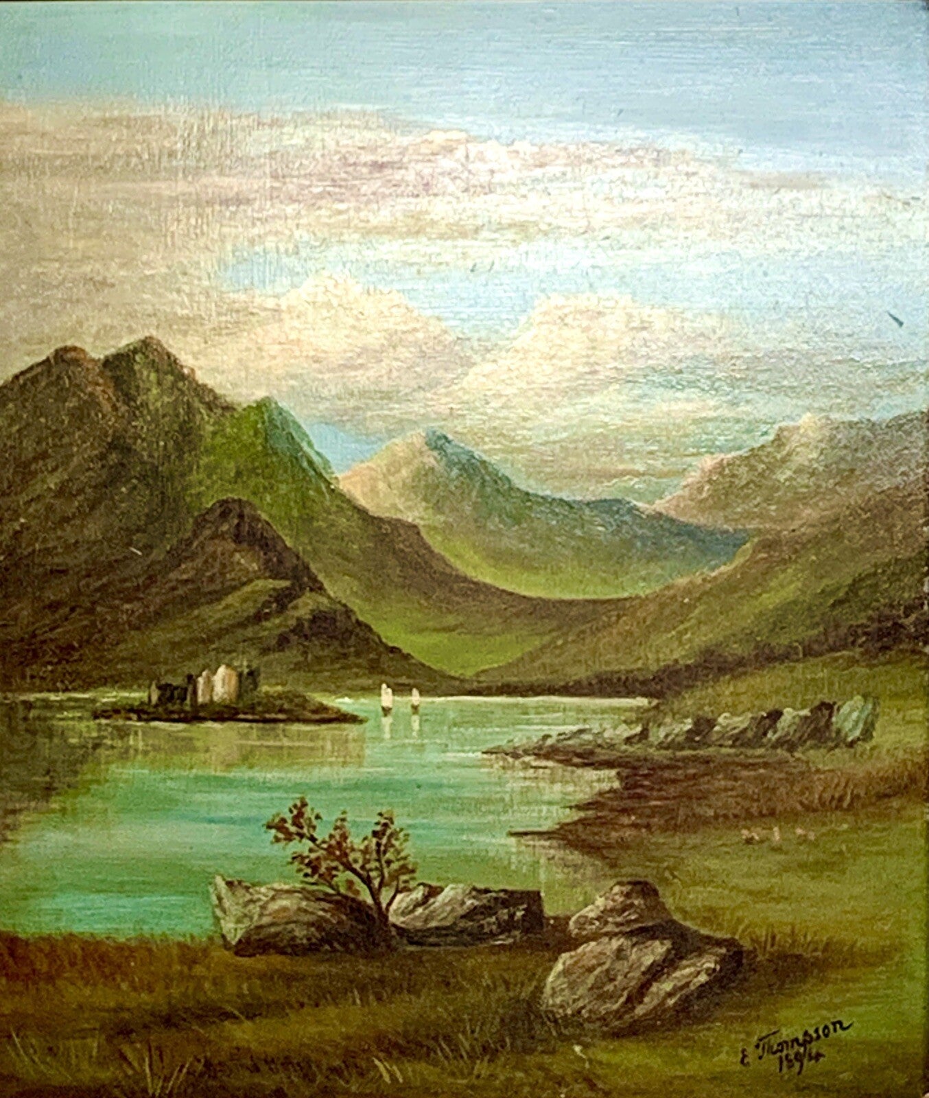 E. Thompson Oil Painting on Panel Signed 1894 Mountains & Lake Earl