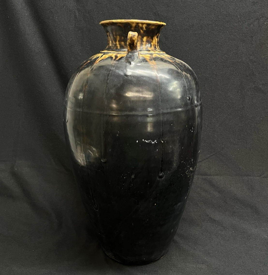 Midcentury Burmese Martaban Brown Drip Glaze Stoneware Vase 17"
