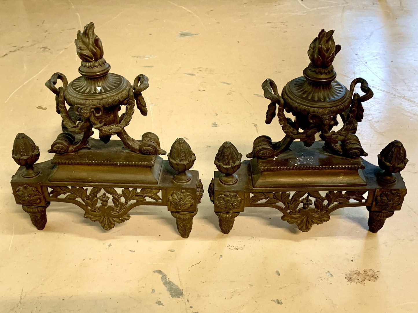 Pair Antique French Bronze Louis XVI Style Chenets Andirons Fireplace Fire Dogs