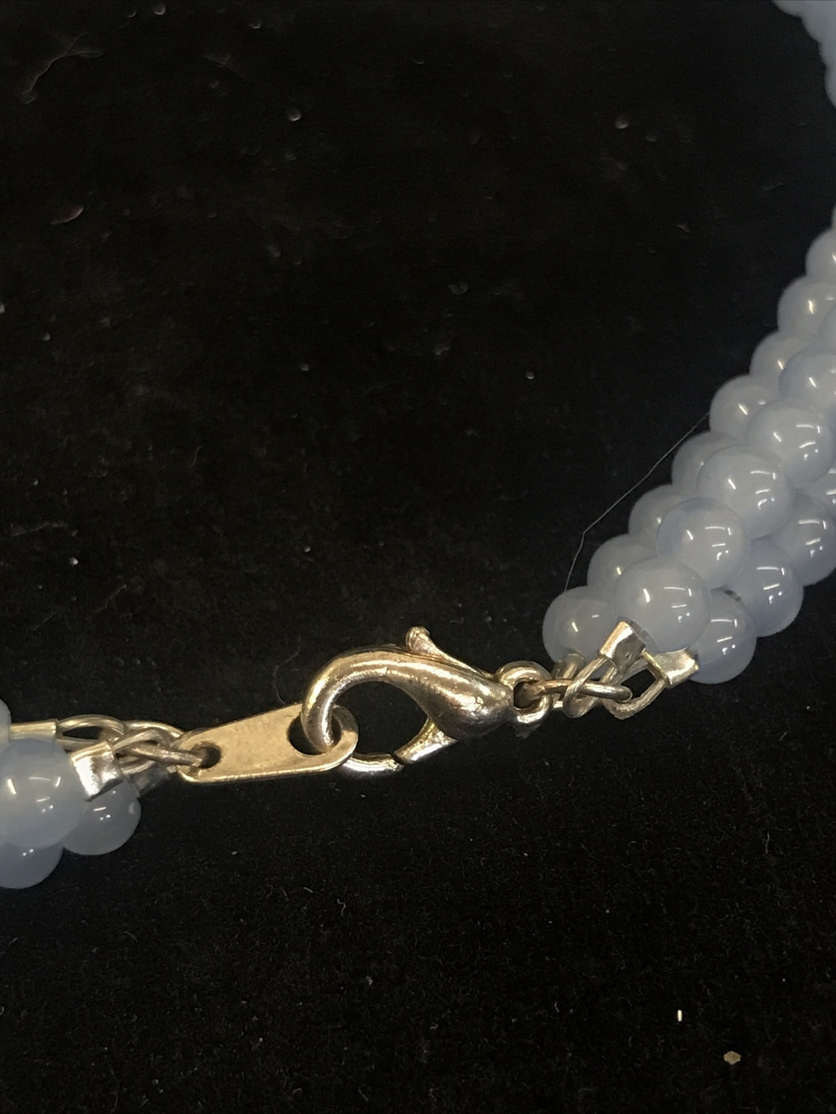 Vintage Blue Glass Bead Necklace with heart  blue & pink rhinestone pendant