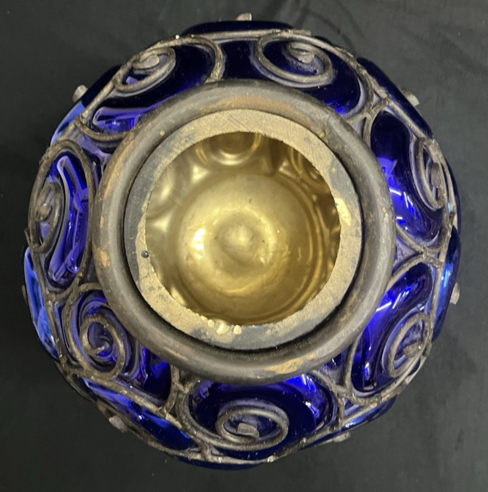 Murano Style Round Cage Bubble Blown Cobalt Blue Iridescent Glass Sculpture 13"