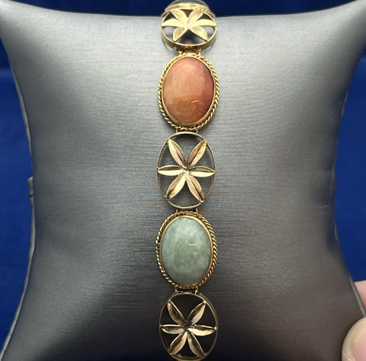 14K Yellow Gold Floral Six Multi Color Oval Cabochon Jade Bracelet 8 in