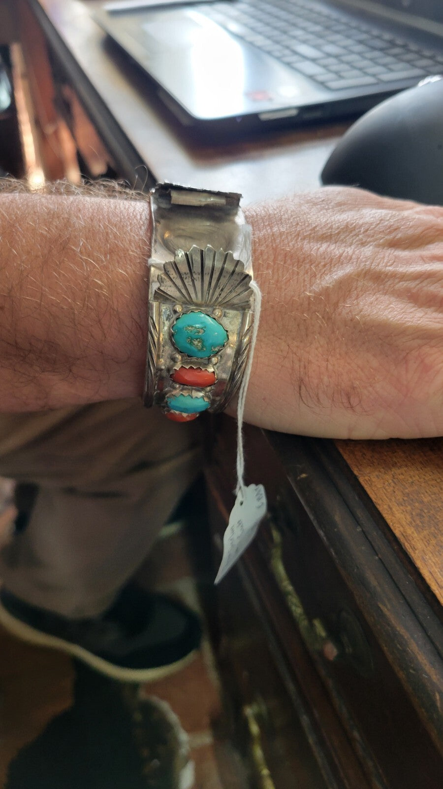 Sterling Silver Turquoise & Coral Watch Cuff by Zuni Artist Marvelyne Cheama 56g