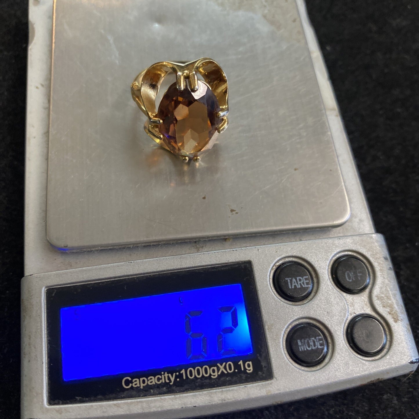 1960s Gold Plated Synthetic Dark Cognac Citrine Ring Sz 5.5 7g JM6